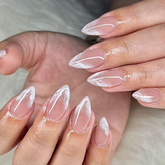 Marble Effect French Manicure, Almond Shape, White Swirl Design, Press-on Nails