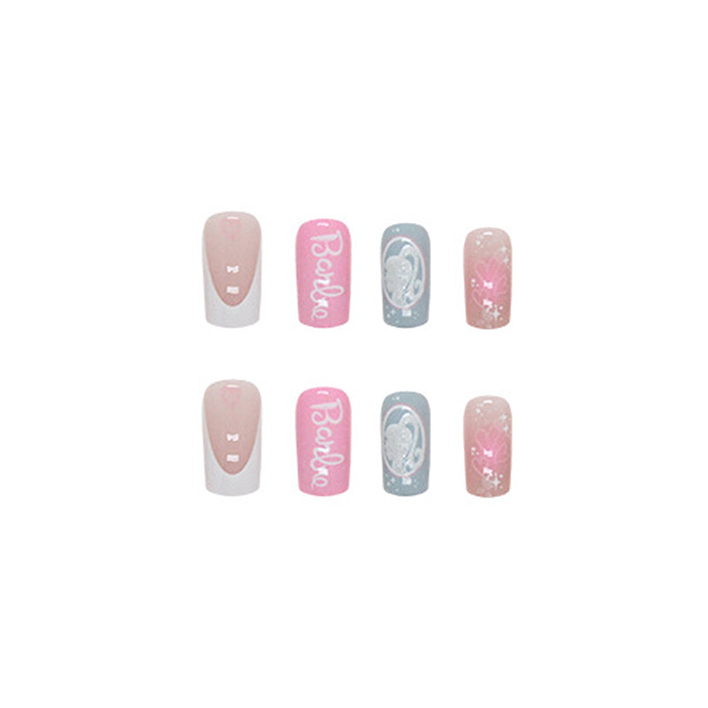 Barbie-Themed, Long Coffin Style, Pink and Blue Design with Hearts and Glitter, 24 Pieces, Press-On Nails