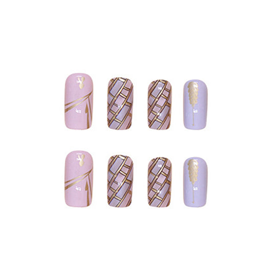 3D Quilted Pattern Nail Art Stickers, Gold and Lavender Design, Leaf Motif, Matte Finish, Press on Nails