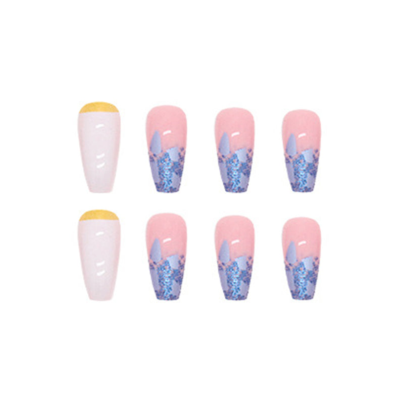 Pearl White with Blue Abstract Design and Gold Foil Accents, Long Coffin Shape, Press on Nails