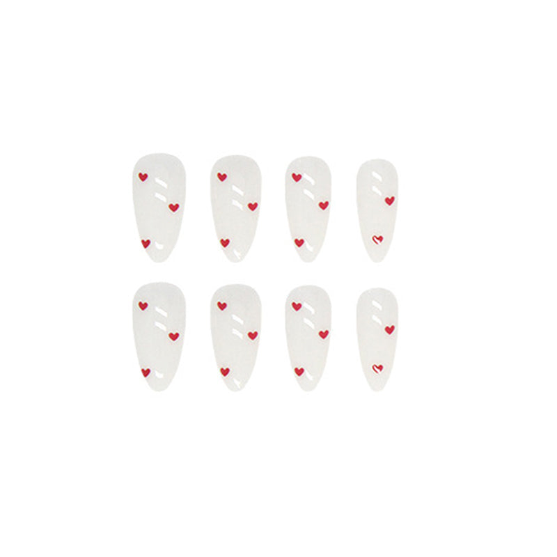 Almond Shape Press-On Nails, , White with Red Hearts Design, Press on Nails
