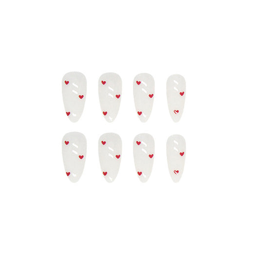 Almond Shape Press-On Nails, , White with Red Hearts Design, Press on Nails