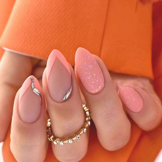 Pink Matte Nails with Silver Glitter Accents, 24 Pieces, Press-On Nails