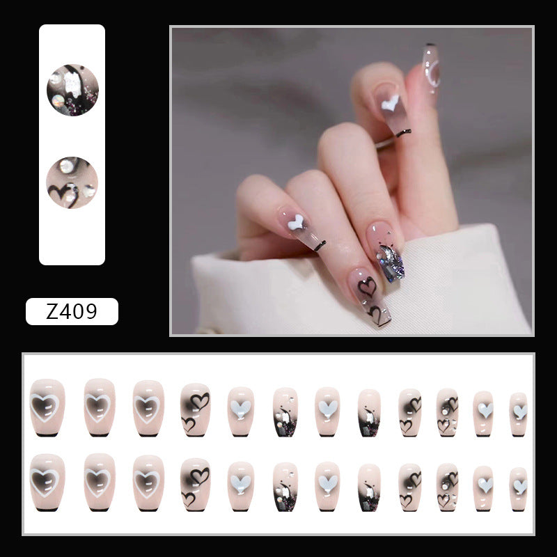 Clear Base with Heart Design, Black and White Patterns, Silver Glitter Accent, Square Tips, Press-On Nails