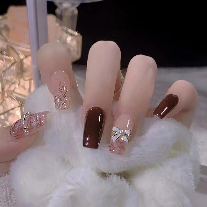 Brown and Nude Glitter Design with Pearl Bow, Square Tips, 12 Pieces, Press on Nails