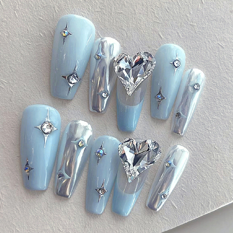 Light Blue and Chrome with Crystal Heart Design, Press on Nails