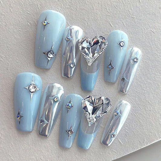 Light Blue and Chrome with Crystal Heart Design, Press on Nails
