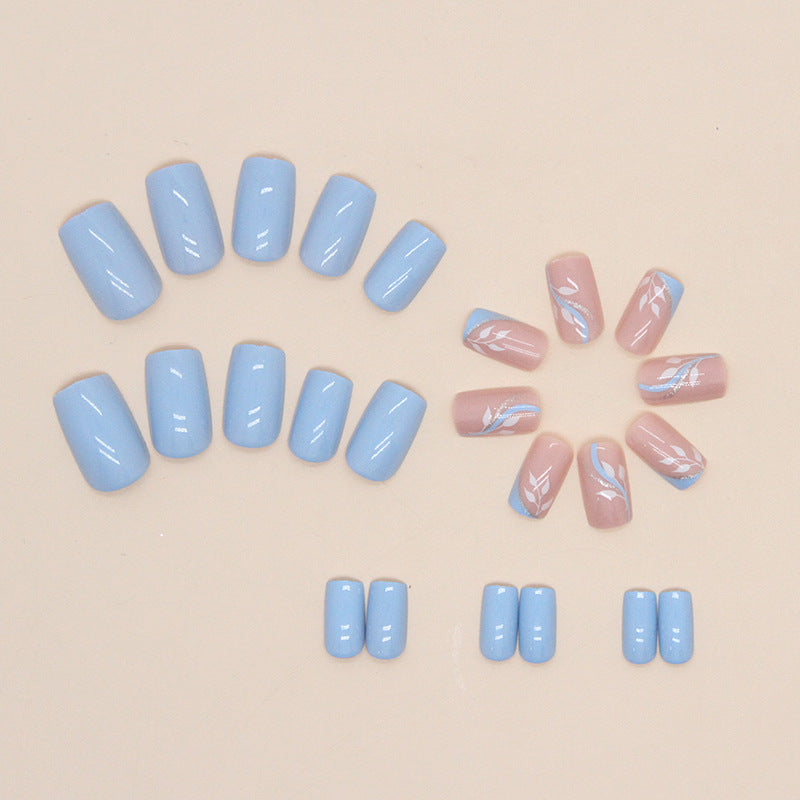 Elegant Nail Art Design Set, Light Blue and Pink with Silver Glitter Accents, White Floral Pattern, Press on Nails