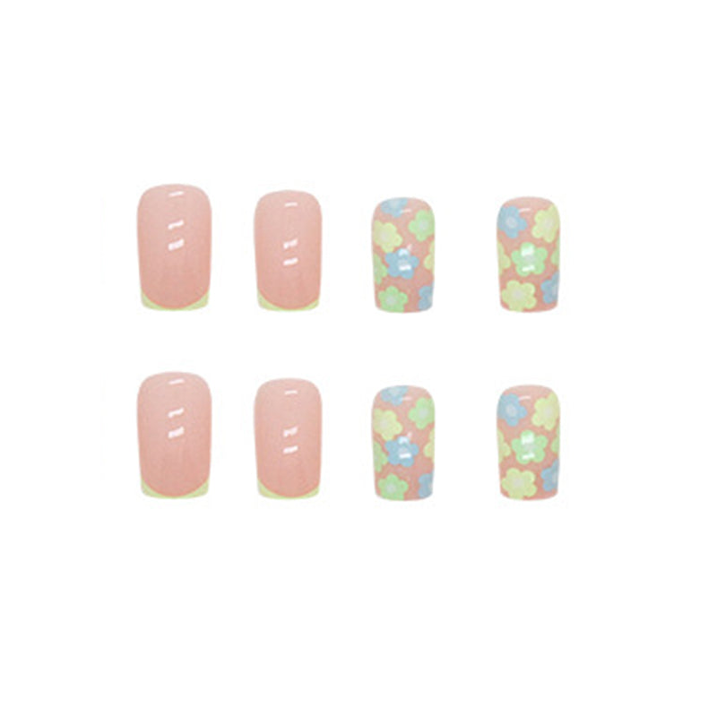Pink with Mint Green French Tips and Floral Pattern, 24 Pieces, Press on Nails