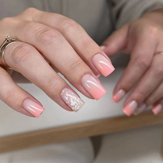 Pink Ombre French Manicure with Floral Accent, Square Tips, Press on Nails