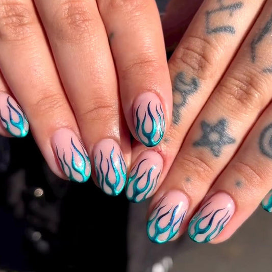 Blue Flame Design, 24 Pieces, Soft Pink Pattern, Artificial Fingernails, Press-On Nails