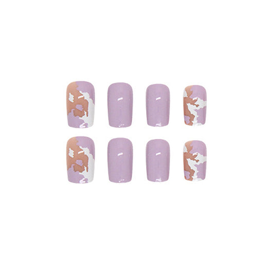 Artificial Press-On Nails, Lavender Purple with Silver Marble Design, 24 Pieces, Press on Nails