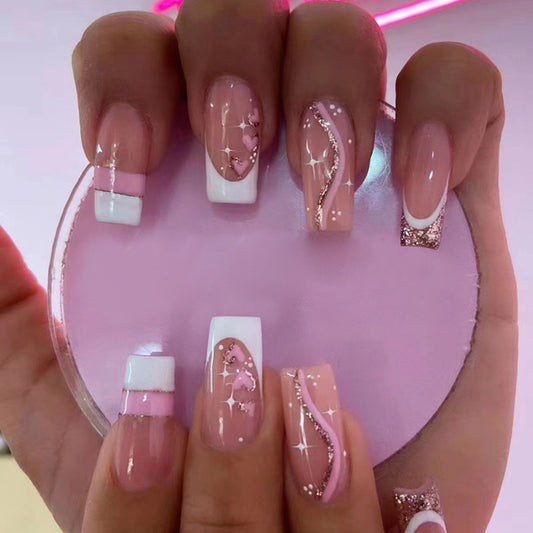 Glitter Stars Design, Pink and White, Square Shape, French Tip Press-On Nails