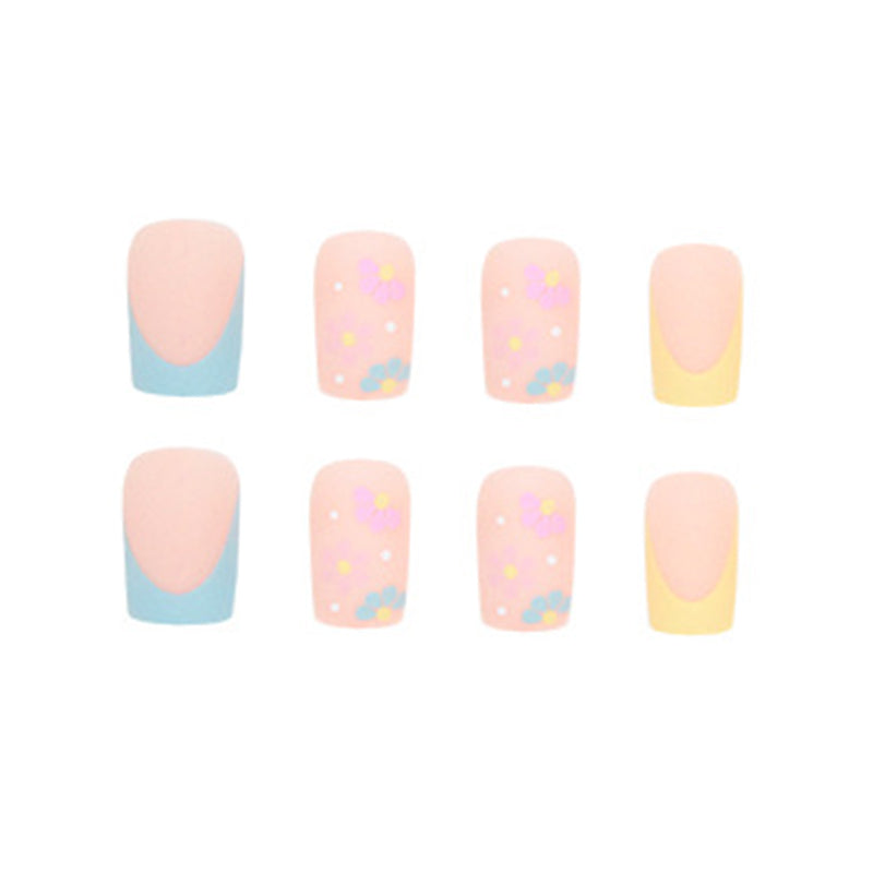 Pastel Spring Floral French Tip, Pink and Yellow Tips with 3D Flower Design, Artificial Nail Set, Press-on Nails