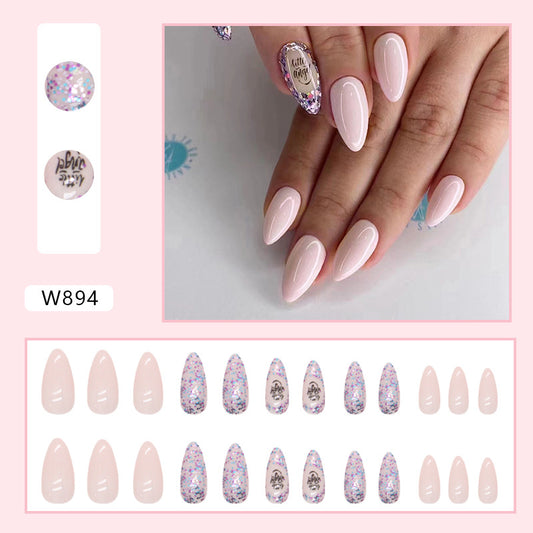 Almond Stiletto, Light Pink with Holographic Glitter Accent, Professional Manicure Set, Press-on Nails