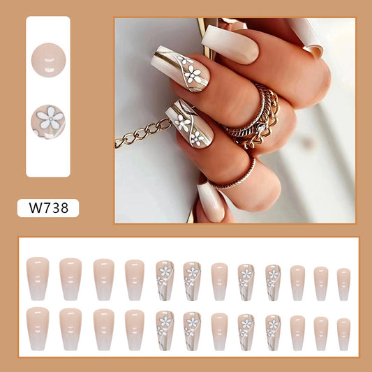 Ballerina Coffin Shape, Nude Pink with White Floral Design, 24 Pieces, Press on Nails
