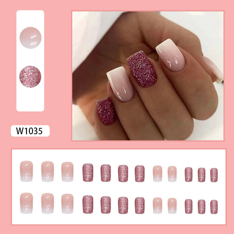 Elegant Pink and White Ombre Manicure Set with Burgundy Glitter Accent Nails, Press on Nails