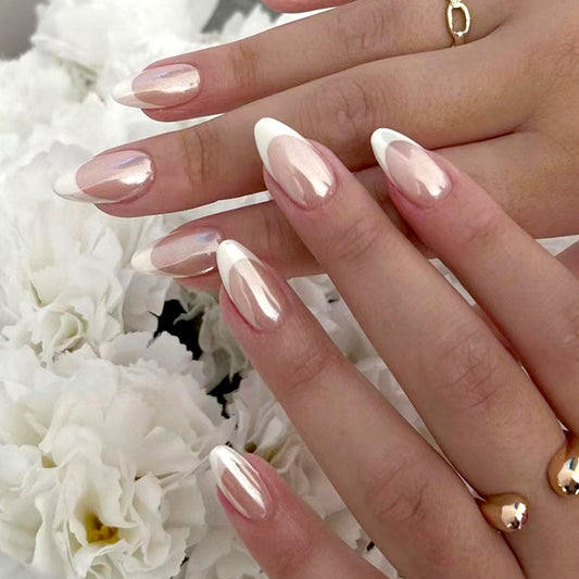 Pearl Chrome French Manicure, Almond Shape, White Tips, Long Length, Press-on Nails