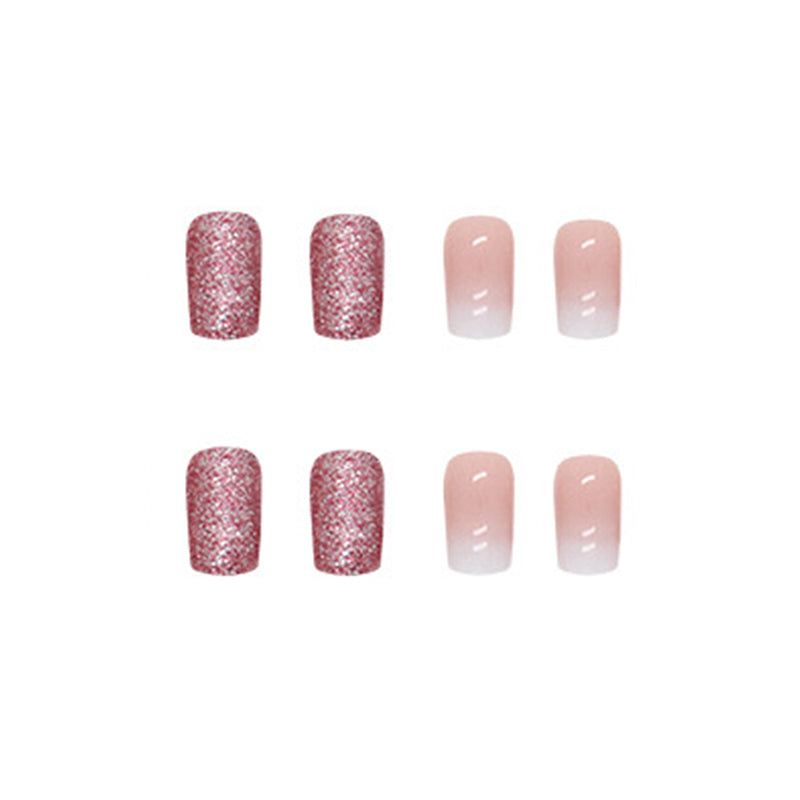 Elegant Pink and White Ombre Manicure Set with Burgundy Glitter Accent Nails, Press on Nails