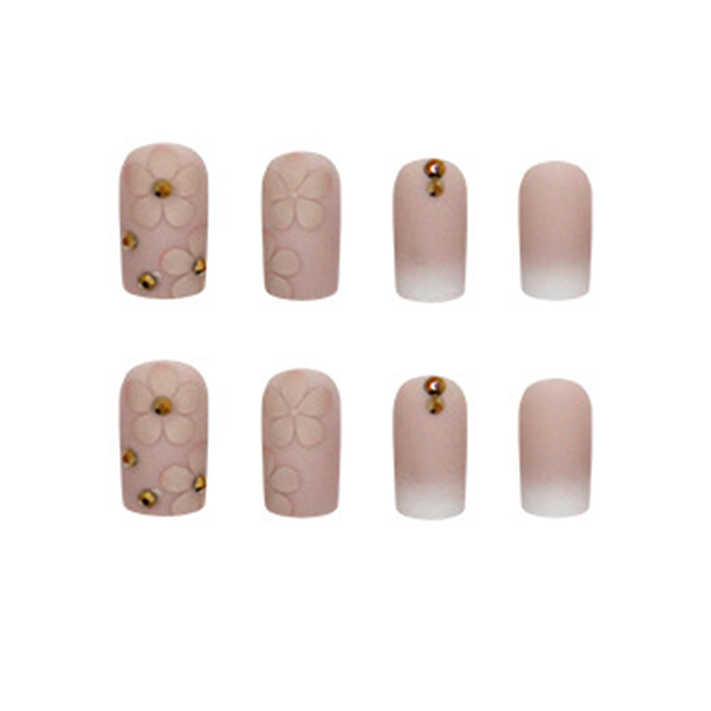 3D Flower Nail Art Set, French Ombre Pink and White Tips, Rose Gold Glitter Accents, Long Square Design, Press on Nails