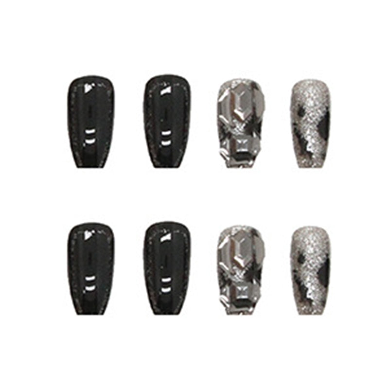 Coffin Shape, Black and Silver Glitter, Press on Nails