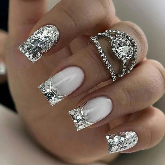 Silver Glitter and White French Tips, 24 Pieces, Press on Nails