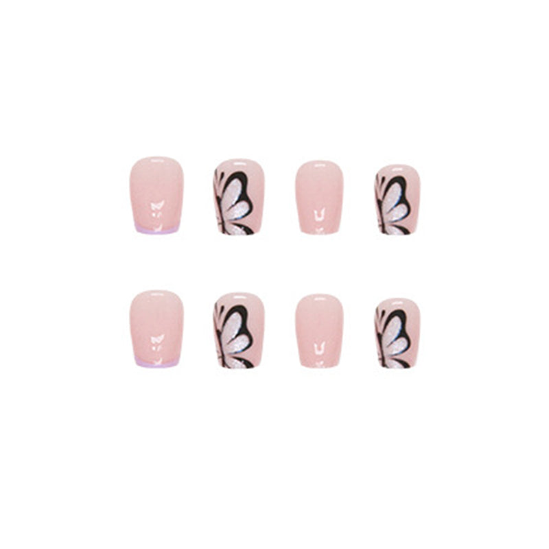 French Manicure Set, Pink and Lavender with Butterfly Design, Short Square Style, Press-on Nails