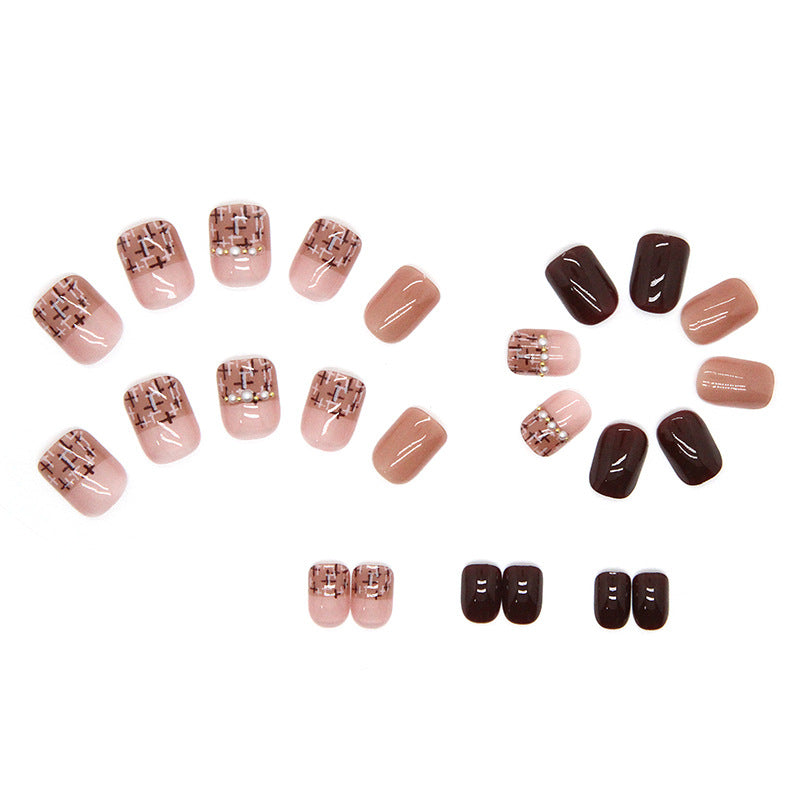 Nude Pink and Brown, Pearl Studded Design, Square Shape, Press-On Nails