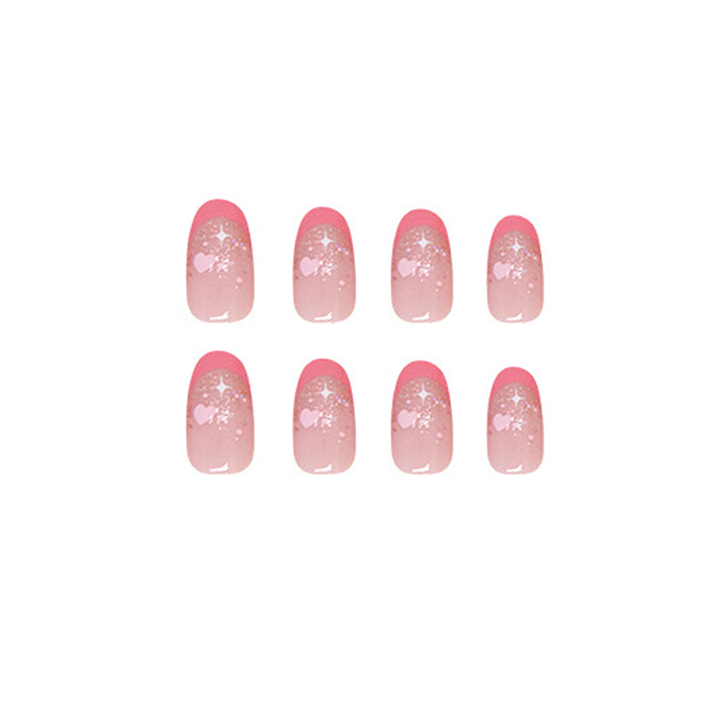 Pink Almond Stiletto with Glitter Hearts and Crystals, Romantic Design, Set of 24, Press-On Nails