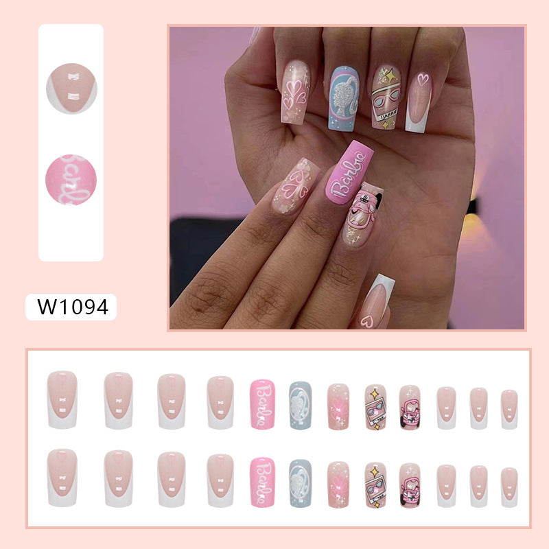 Barbie-Themed, Long Coffin Style, Pink and Blue Design with Hearts and Glitter, 24 Pieces, Press-On Nails