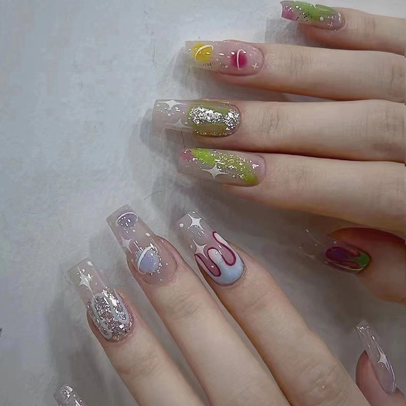 Clear Base with Glitter, Stars and Multicolor Designs, Long Coffin Shape, Decorative False Nails, Press-on Nails
