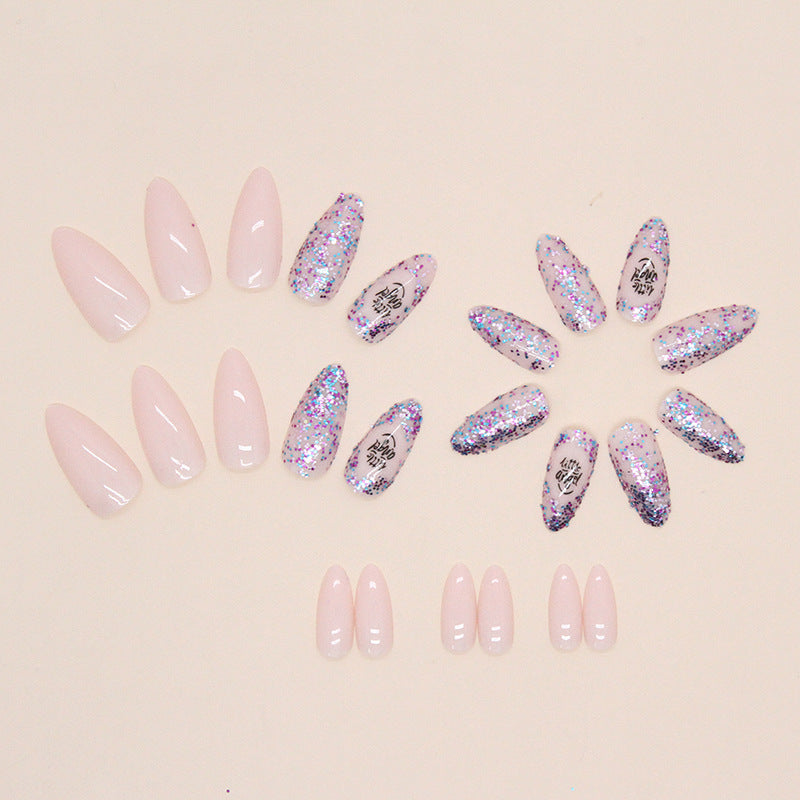 Almond Stiletto, Light Pink with Holographic Glitter Accent, Professional Manicure Set, Press-on Nails