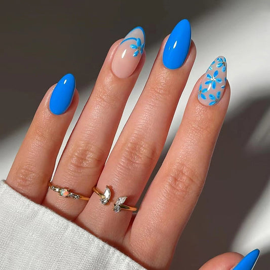 Blue and Pink Floral Design, Stiletto Shape, 24 Pieces, Press on Nails
