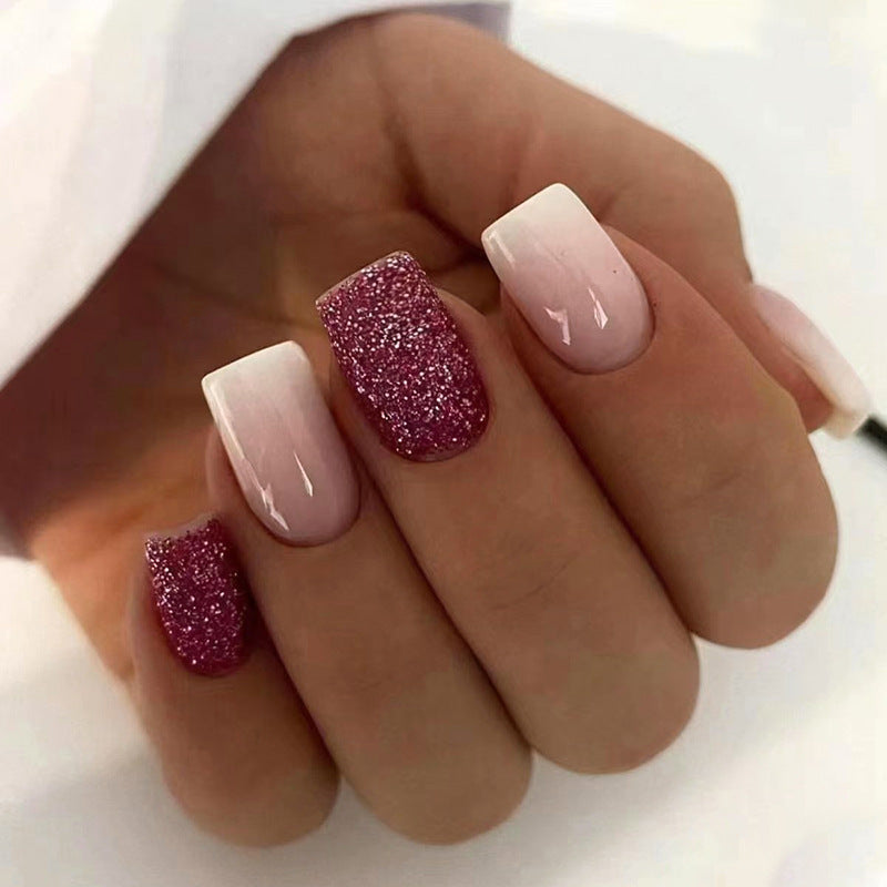 Elegant Pink and White Ombre Manicure Set with Burgundy Glitter Accent Nails, Press on Nails