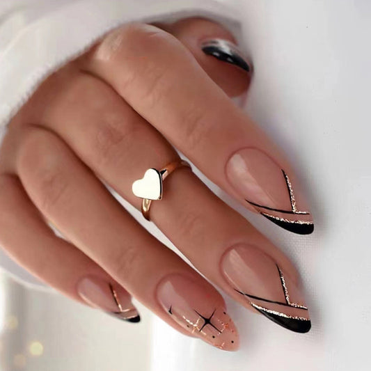 Nude Pink with Black Geometric Design, 24 Pieces, Artificial Press-On Nails Set