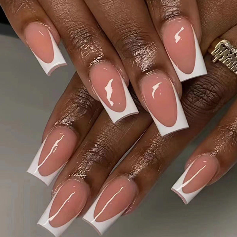 Coffin Shape, Nude Pink and White Design, Long Length, French Tip Press-On Nails