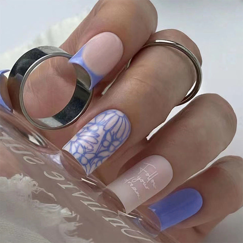 French Tip Nail Art Stickers, Blue and Pink Floral Design, Professional Manicure Set, Press on Nails