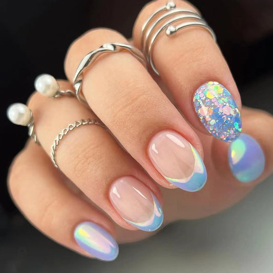 French Manicure Style with Blue Tips and Glitter Accent, Press-On Nails