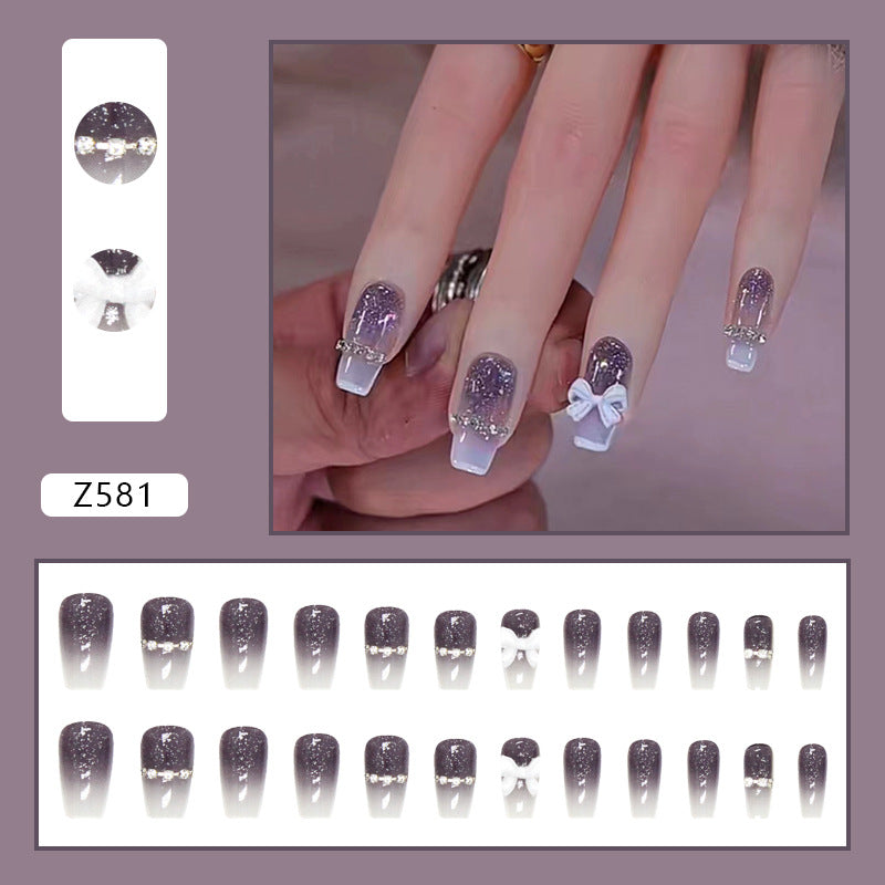Glitter Gradient with 3D Bow Design, Purple to White Ombre, Square Tips, Press-On Nails
