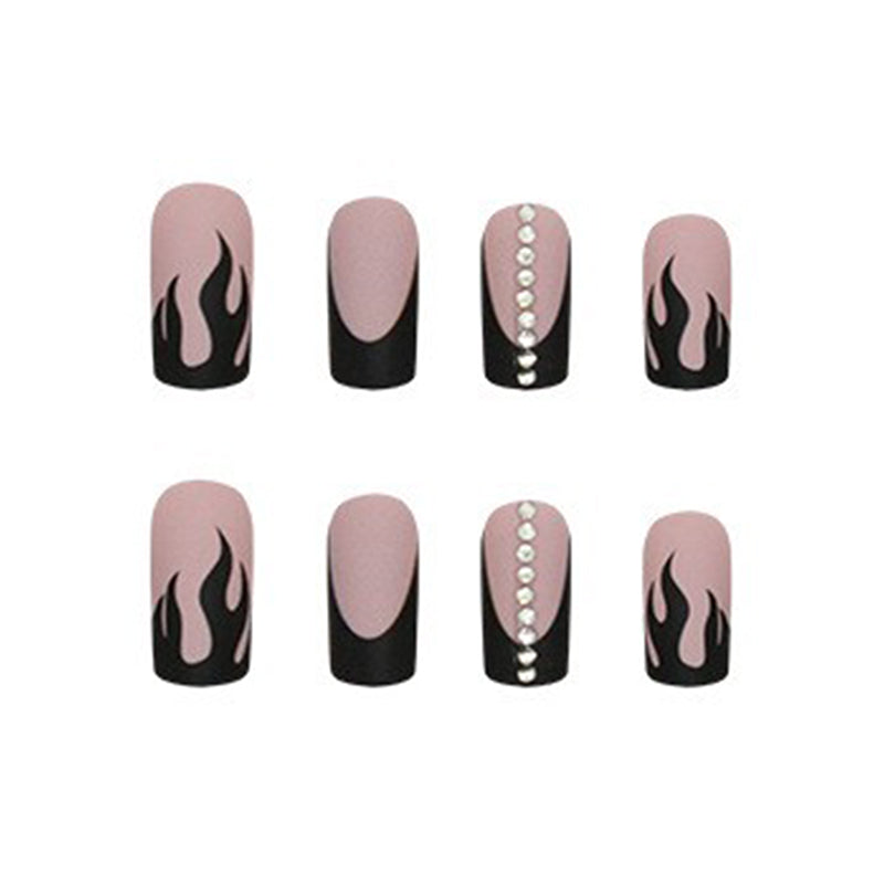 Pink with Black Flame Design, Rhinestone Accent, 12 Pieces, Press on Nails