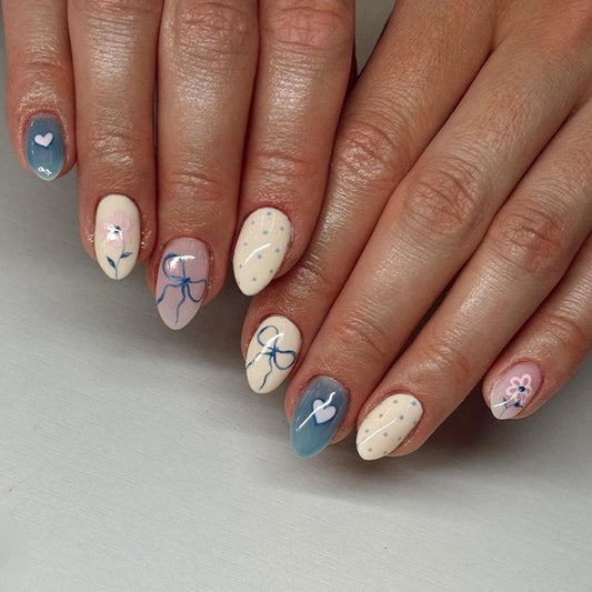 Almond and Blue Bow Design, Heart Pattern, Oval Shape, Pastel Colors, Press-On Nails