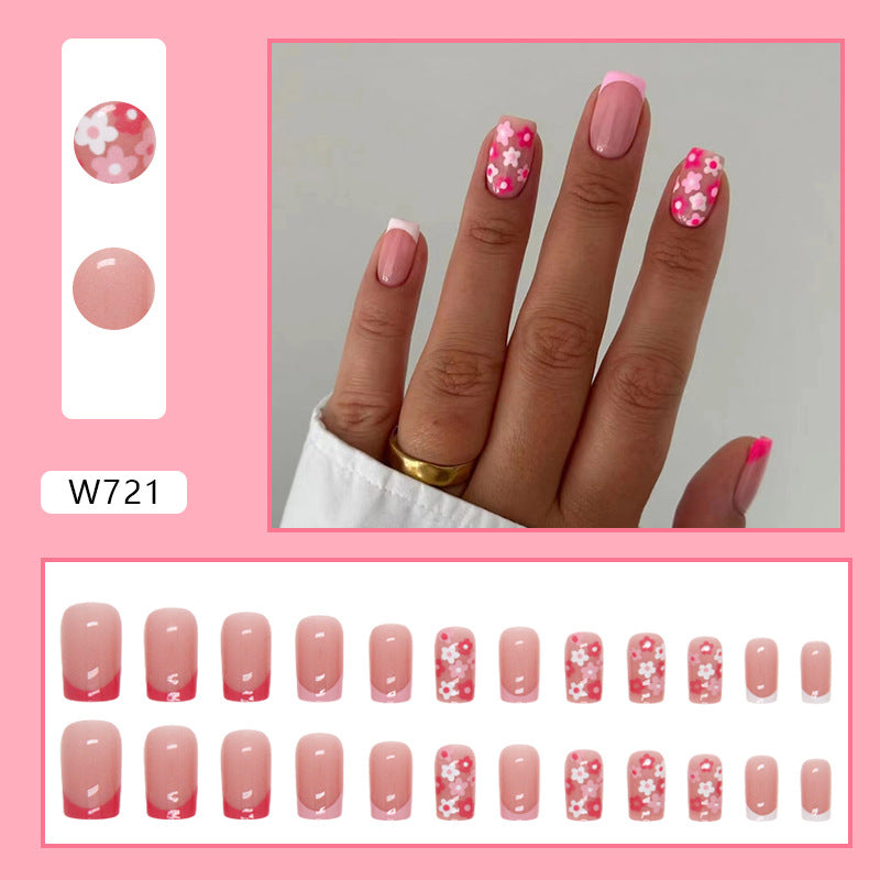 Pink Floral French Manicure, Artificial Nail Tips with Flower Design, 24 Pieces, Press-on Nails
