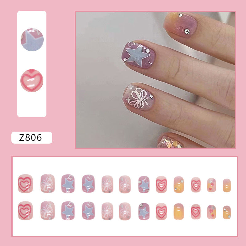 Butterfly and Star Design, Pink and Purple Gradient, Rhinestone Accents, Press-On Nails
