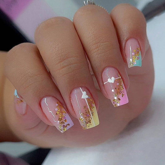 Pastel Rainbow French Tip with Gold Foil and Heart Design, Square Shape, Press-On Nails