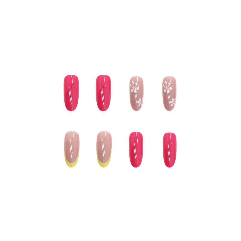 Almond Pink and Hot Pink Floral Nail Art Set, Long Stiletto with Daisy Design, Press-on Nails