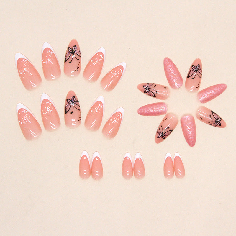 Pink Butterfly French Tip Nails, Glitter Accent Almond Nails, Romantic Manicure Design, Press on Nails