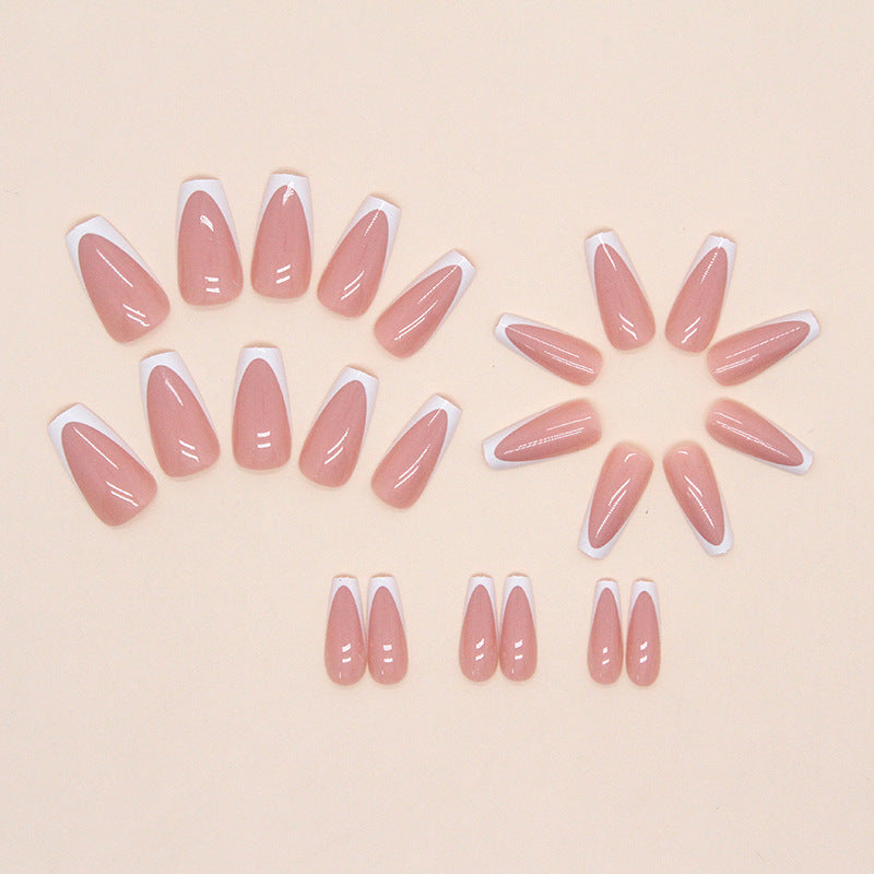 Coffin Shape, Nude Pink and White Design, Long Length, French Tip Press-On Nails