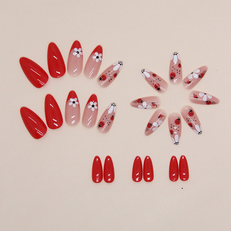Floral Ladybug Nail Art Design, Red and White Daisy Pattern, French Tip Manicure Set, Press on Nails