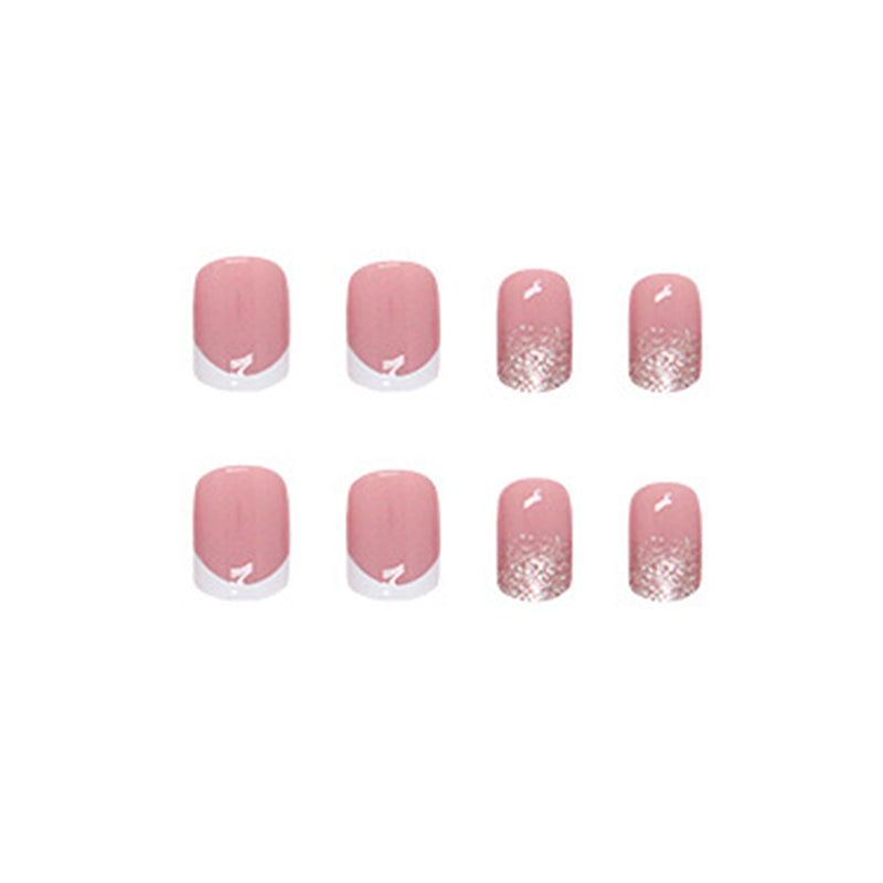 French Manicure, Pink Base with White Tips and Silver Glitter Accent, Wedding Style, Press-On Nails