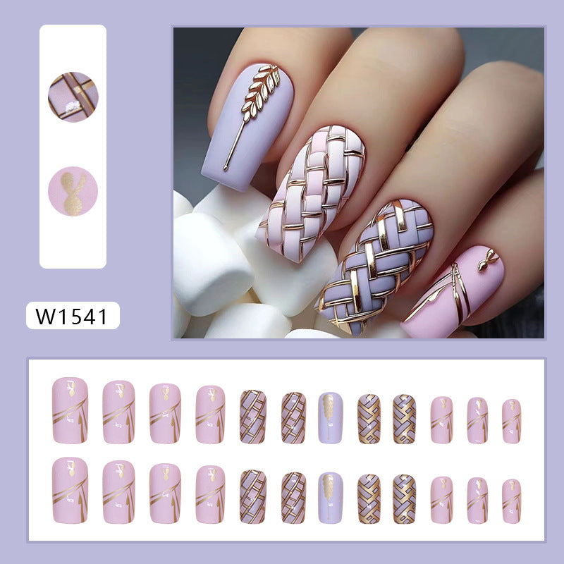 3D Quilted Pattern Nail Art Stickers, Gold and Lavender Design, Leaf Motif, Matte Finish, Press on Nails